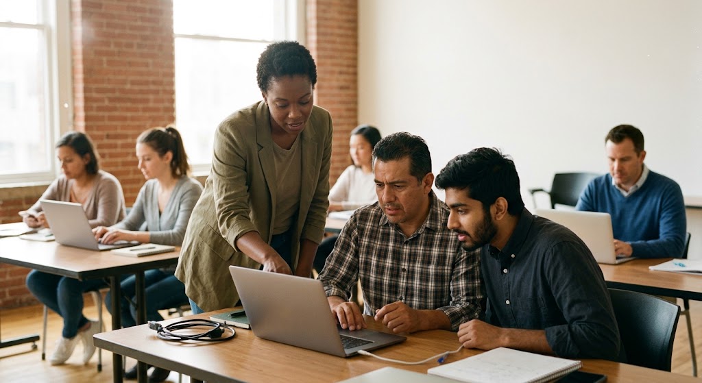 Diverse group of adult workers learning AI and digital skills together at a community training center workshop