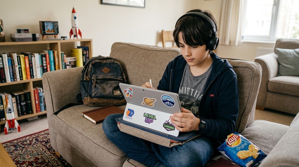 A 10-year-old boy wearing headphones sitting cross-legged on a comfortable living room couch, holding a tablet with a stylus. Sunlight fills the cozy room, which features bookshelves, a backpack resting on the sofa, and a casual snack beside him.